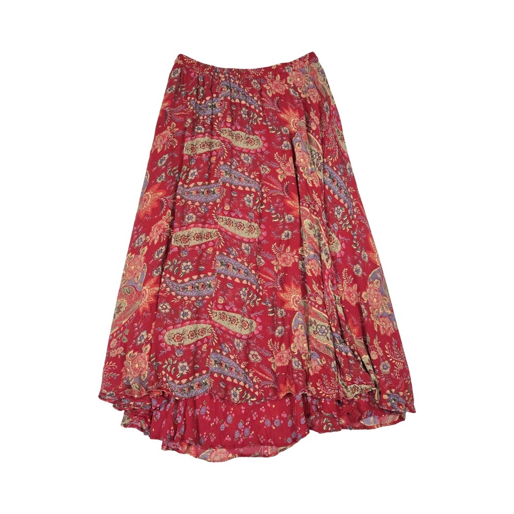 Indira Red Paisley Floral Reversible Maxi Skirt Boho Rayon Flowy LG Hippy, Artsy